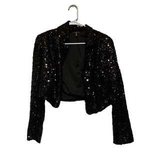 AQUA Women's Black Sequin Cropped Open Front Blazer Jacket